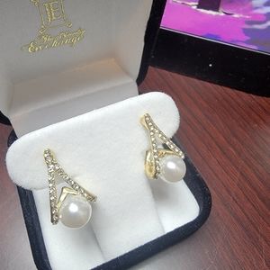 Faux Pearl earrings with gold inlay and cubic zirconium stones